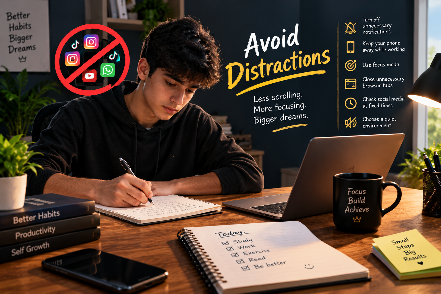 Young man avoiding phone and social media distractions while working
