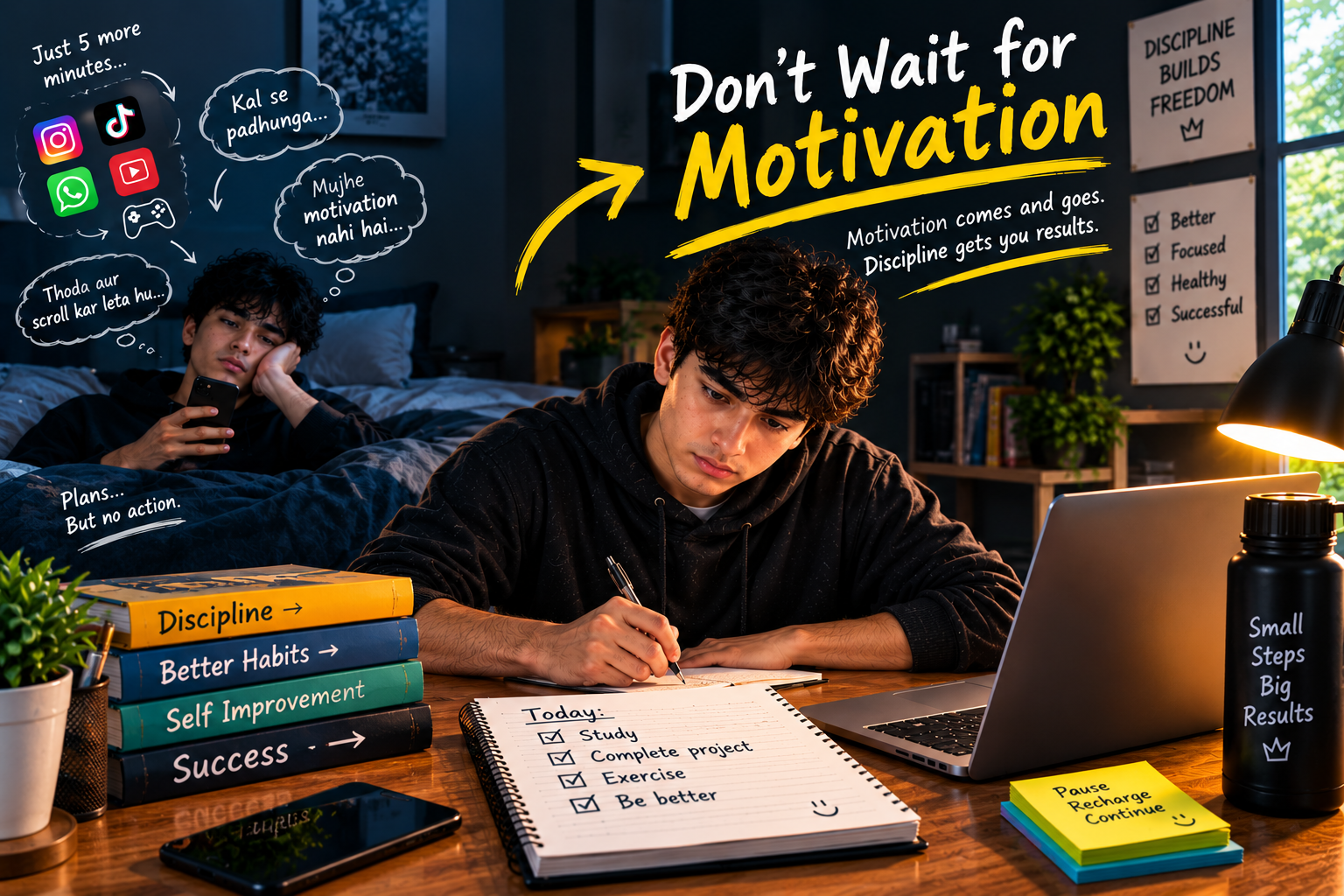 Young man taking action and working with discipline instead of waiting for motivation