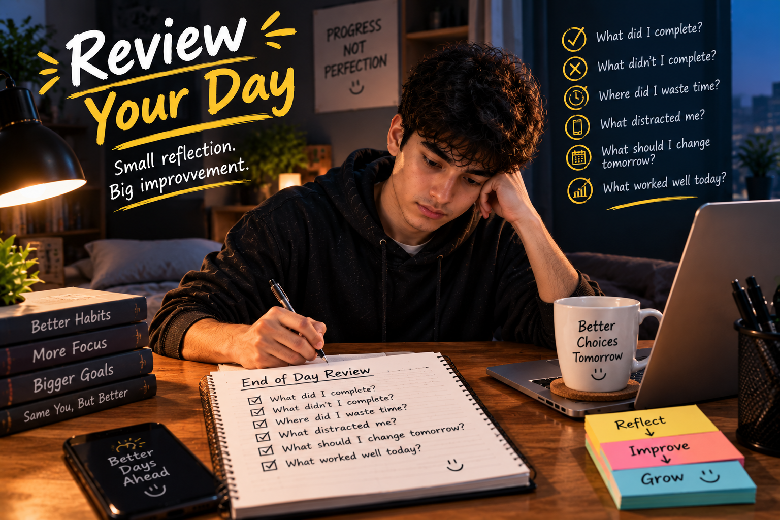 person reviewing the day and writing in a journa