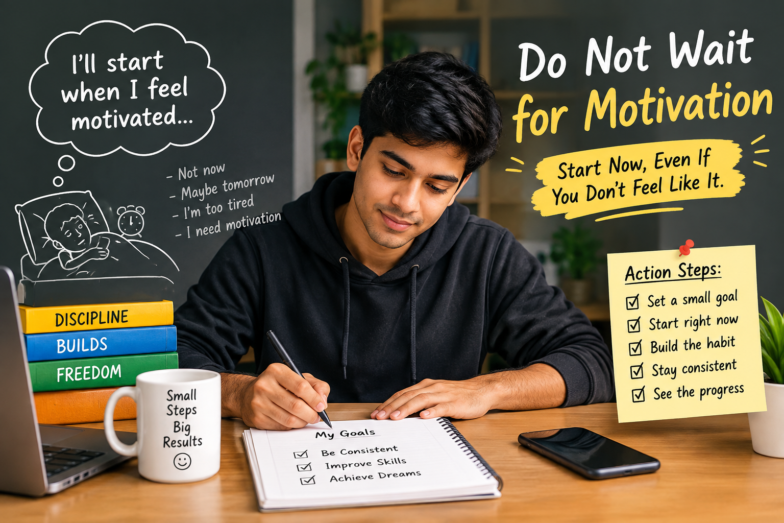 Young man planning his day with a simple time management routine