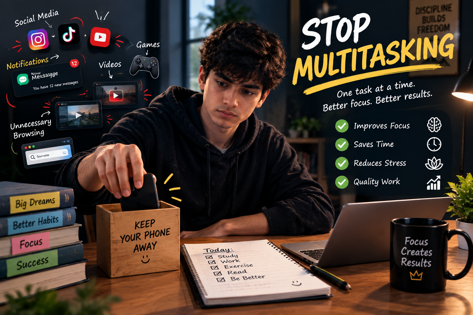 Young man focusing on one task instead of multitasking